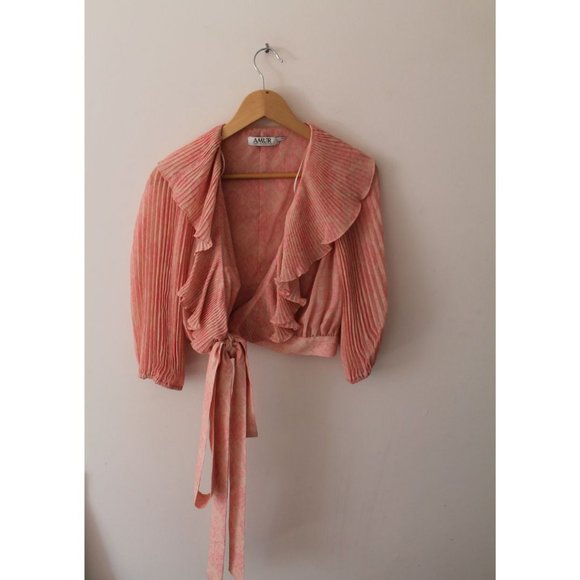 AMUR Naya Top Lemon Peach Rose Lace Size Medium Chiffon Cropped Wrap - Picture 4 of 8